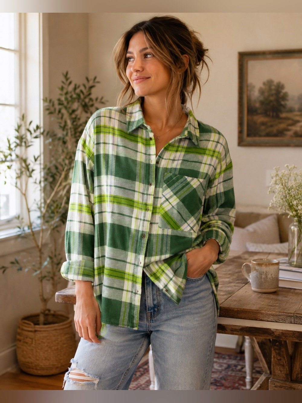 aerie Green and White Plaid Button-Down Shirt